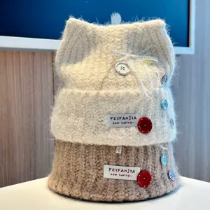 Sweet cute cat ear knitted hat autumn winter warm beanie stylish button decor cap cute