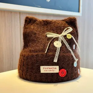 Sweet cute cat ear knitted beanie hat for women autumn winter warm cozy fashion accessory