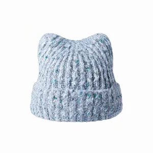 Berretto in maglia misto lana con orecchie di gatto da donna, caldo cappello invernale