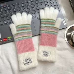 Femmes hiver chaud duveteux tricot gants multicolore rayé mignon temps froid moufles élégant main