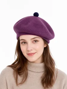 Elegant wool beret hat for women, cozy winter stylish painter cap with cute top pom-pom.