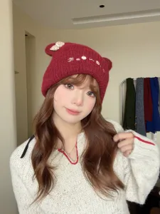 Gorro de punto con orejas de gato, lazo y gorro de lana cálido para mujeres en invierno.