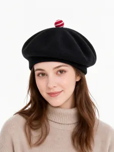 Classic black wool beret with cute red white striped pom pom detail stylish warm winter hat