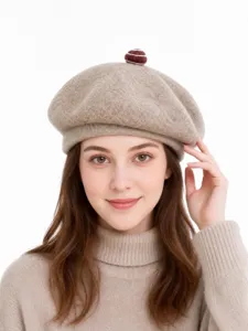 Classic wool beret hat for women, stylish winter warm beanie with cute top ball detail.