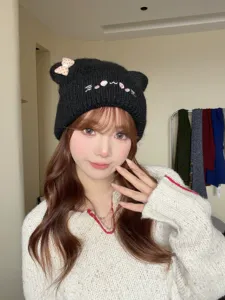 Bonito gorro de punto con orejas de gato para mujer, cálido sombrero de invierno.