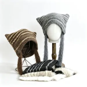 Autumn winter cat ear knit hat korean style striped warm ribbon earflap beanie unisex