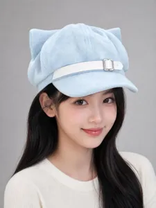 Bonita gorra estilo marinero con orejas de gato para mujer, boina de felpa suave con hebilla.