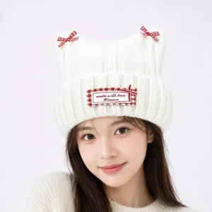 Women Cute Cat Ear Knit Beanie Hat Warm Winter Bowknot Solid Color Soft Headwear