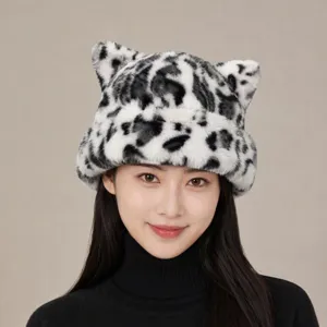 Cappello Pullover con Orecchie di Gatto in Pelliccia Sintetica di Visone Leopardato Stile Coreano Carino Inverno Caldo Protezione Orecchie Donna