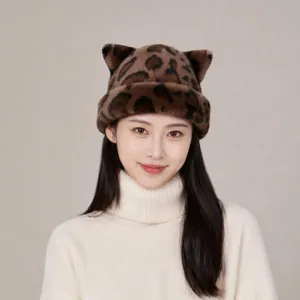 Cappello donna leopardo pelliccia sintetica orecchie gatto stile coreano inverno caldo vista