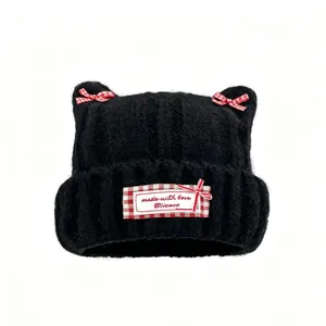 Cute bow cat ear knitted hat for women, autumn winter warm slouchy beanie cap, black style.