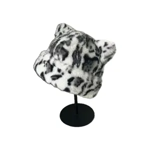 Cappello a secchiello in pelliccia sintetica stile coreano con orecchie di gatto caldo.
