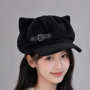 Gorra Newsboy Linda con Oreja de Gato para Mujer de Algodón Cepillado Sombrero Octogonal Cálido de Invierno