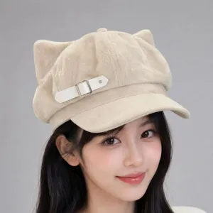 Encantadora gorra de vendedor de periódicos beige con orejas de gato para mujer, sombrero chic.