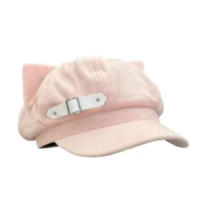 Gorra de periódico rosa con orejas de gato, estilo coreano con hebilla decorativa blanca.