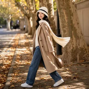 Détail de rue en automne mettant en valeur un bob en tricot douillet avec un manteau chic.