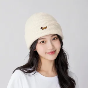 Cozy ribbed knit beanie for women, cute dog embroidery winter warm pullover cap.