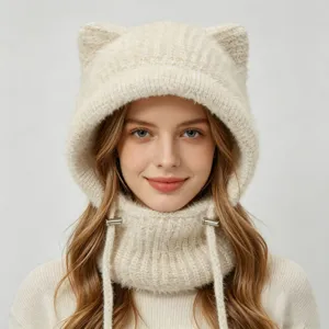 Detailed view of the cute cat ear knit balaclava hat, warm winter fleece hood with drawstrings.