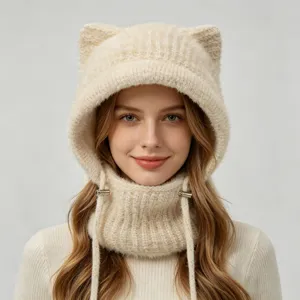 Cozy winter knit balaclava with cute cat ears and integrated warm scarf for women.