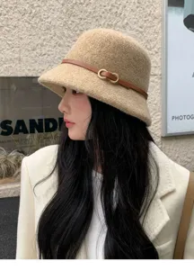 Sombrero de cubo de lana otoño invierno mujer elegante camello con cinturón de cuero