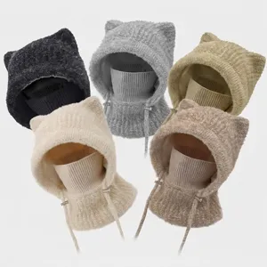 Winter cute cat ear knit balaclava hat windproof warm fleece face mask cycling bib cap.