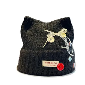 Cute black cat ear knit hat for women, cozy winter warm beanie with lace bow and buttons.
