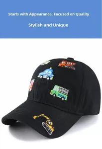 Berretto da baseball nero per bambini con auto ricamate, elegante cappellino da sole.