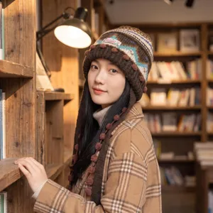 Berretto in maglia Fair Isle vintage da donna, cappello invernale caldo con paraorecchie.