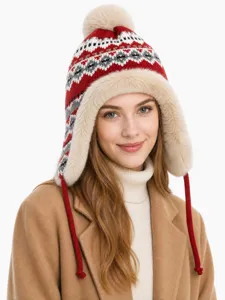 Dettaglio del cappello invernale in maglia con pelliccia sintetica e motivo nordico.