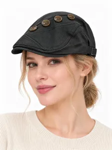 Black cotton flat cap with decorative buttons, autumn winter newsboy hat for daily commute.