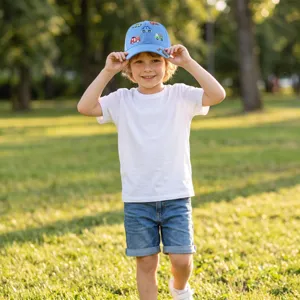 Simpatica berretto da baseball blu per bambini con ricami di auto divertenti e carini.