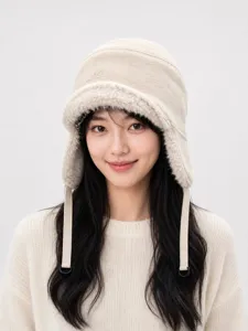 Cappello da trapper soffice beige per donna, dolce cappello invernale antivento e caldo.