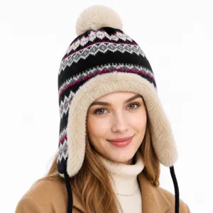 Cappello Bomber Lavorato a Maglia Caldo Invernale Con Paraorecchie in Pelliccia Sintetica Cappello Ushanka Jacquard Geometrico Per Uomo E Donna