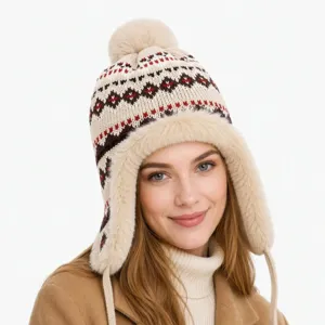 Cappellino da trapper invernale caldo in maglia con pelo stile vintage retrò