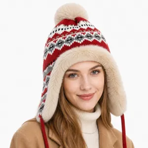 Cappello da trapper in maglia termica invernale con paraorecchie in pelliccia sintetica.