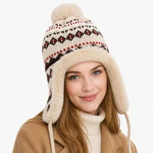 Cappello ushanka in maglia calda invernale con paraorecchie in pelliccia sintetica, vista principale