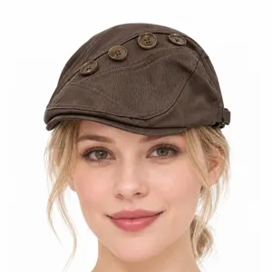 Women's cotton flat cap with stylish side buttons, warm brown newsboy hat for autumn winter.