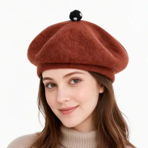 Stylish wool beret for women winter autumn warm vintage painter hat with top pom decoration