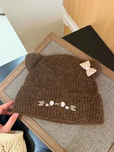 Gorro de punto con orejas de gato lindo y lazo cálido otoño invierno lana para mujeres