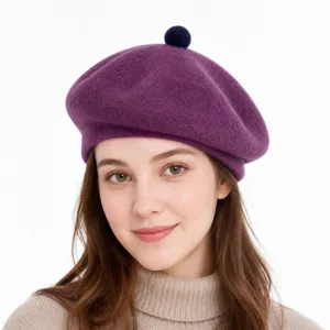 Classic wool beret hat with pom pom for women, elegant winter warm solid color painter cap
