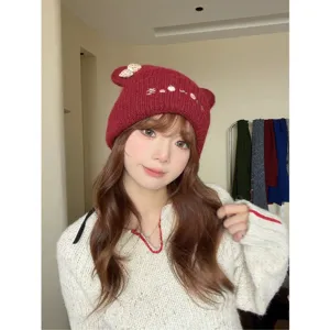 Lindo gorro de punto con orejas de gato y lazo para mujeres, cálido sombrero de invierno.