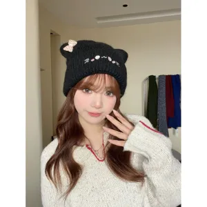 Gorro de punto con orejas de gato y lazo para mujer, gorro de invierno cálido y bonito estilo.
