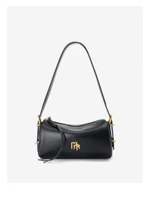 Black leather underarm shoulder bag detail showing gold hardware, smooth texture, and zipper.