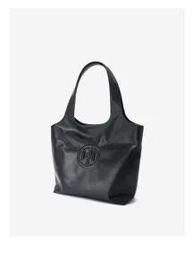 Detailed shot of the black leather shoulder bag highlighting its texture and debossed logo.