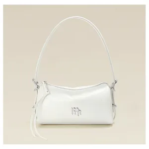 Detailed view of the white leather shoulder bag with silver hardware and sleek design.