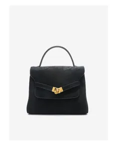 Black leather Kelly shoulder bag detail view, vintage top handle bag close up display.