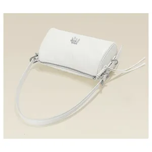 White genuine leather barrel shoulder bag minimalist casual daily crossbody pillow bag