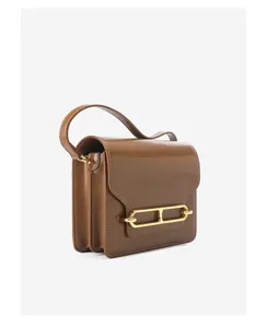 Glossy genuine leather shoulder crossbody bag featuring elegant gold metal hardware details