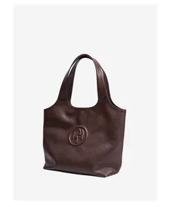 Women's genuine leather retro tote bag, brown top layer cowhide commuter shoulder bag.