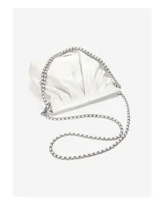 Detailed shot of white genuine leather pleated hobo bag with stylish silver chain strap.